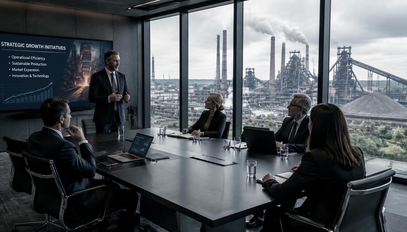 Reunião executiva com estrutura industrial ao fundo