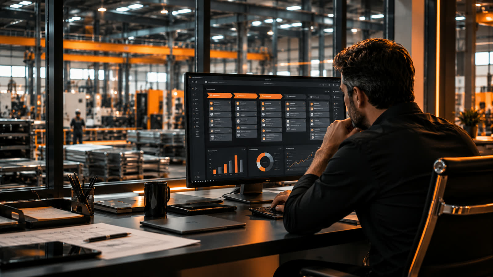 Gestor comercial analisando funil de vendas B2B e indicadores de desempenho em um escritório integrado à indústria