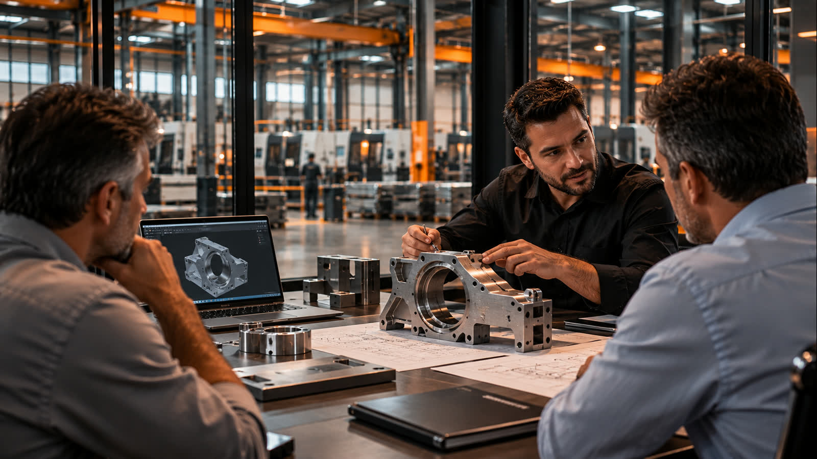 Profissionais apresentam solução de engenharia e peça metálica de precisão durante negociação comercial com cliente industrial